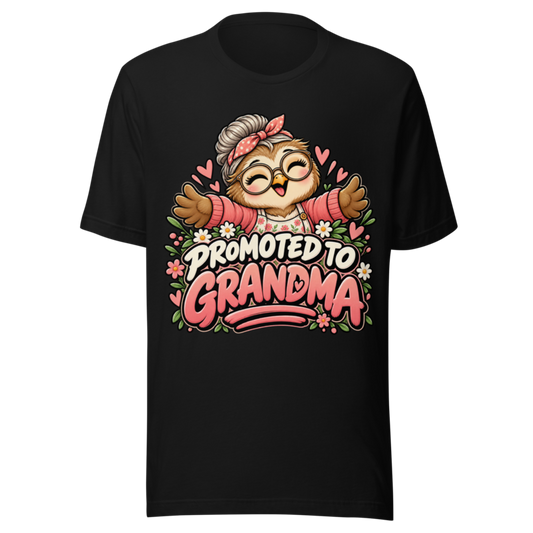 "Promoted to Grandma" Owl T-Shirt — Black