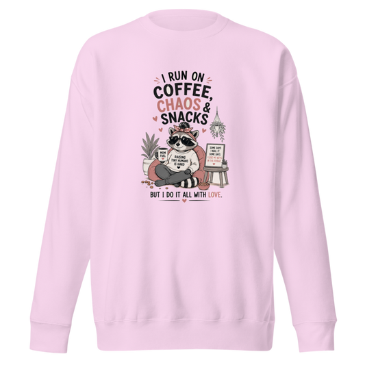 I Run on Coffee, Chaos & Snacks — But I Do It All With Love Premium Sweatshirt — Lavender