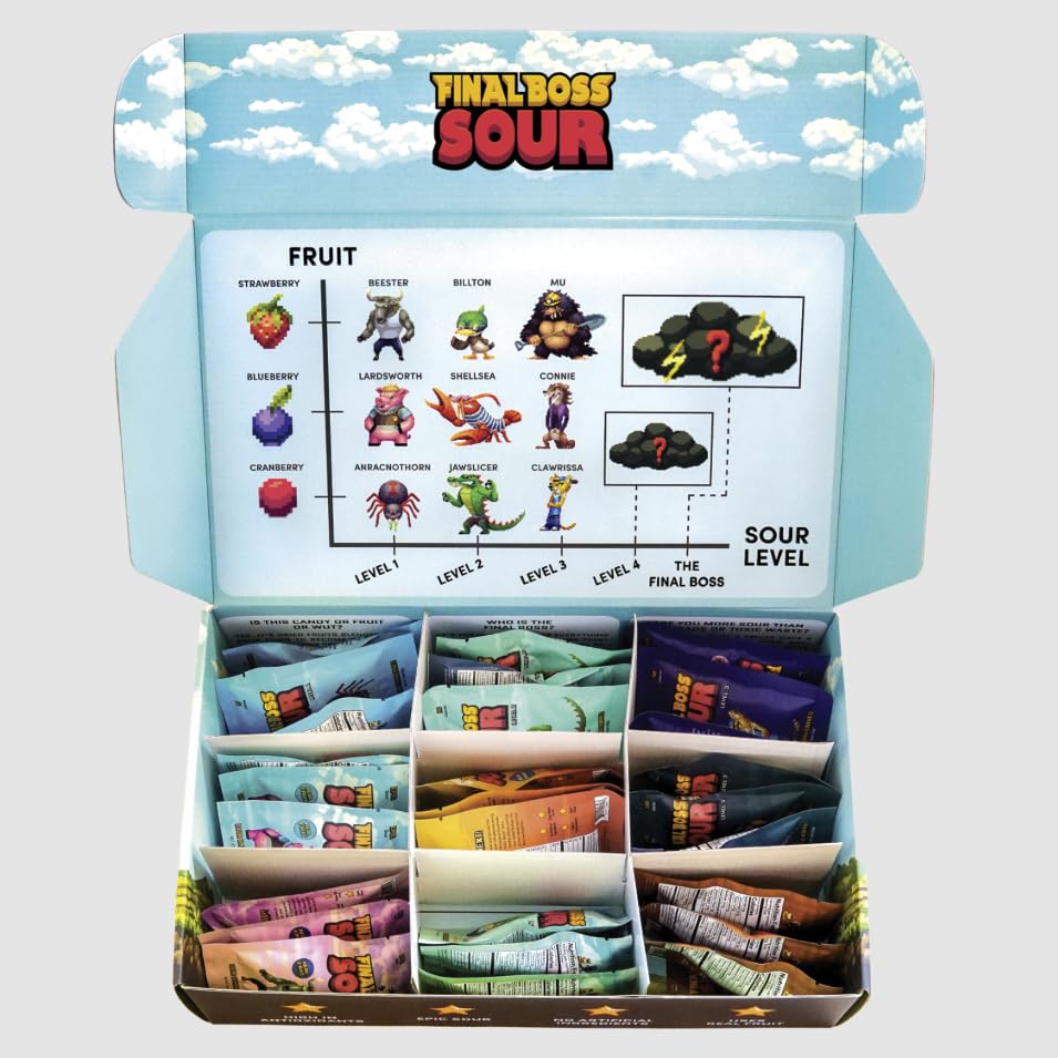 Final Boss Extremely Super Sour Candy, Natural Chewy Gummies Made with Dried Fruit, Free of Artificial Colors, Low Calorie Healthy Snack for Kids & Adults, 1.06oz, 27 Pack (All Sour Levels)