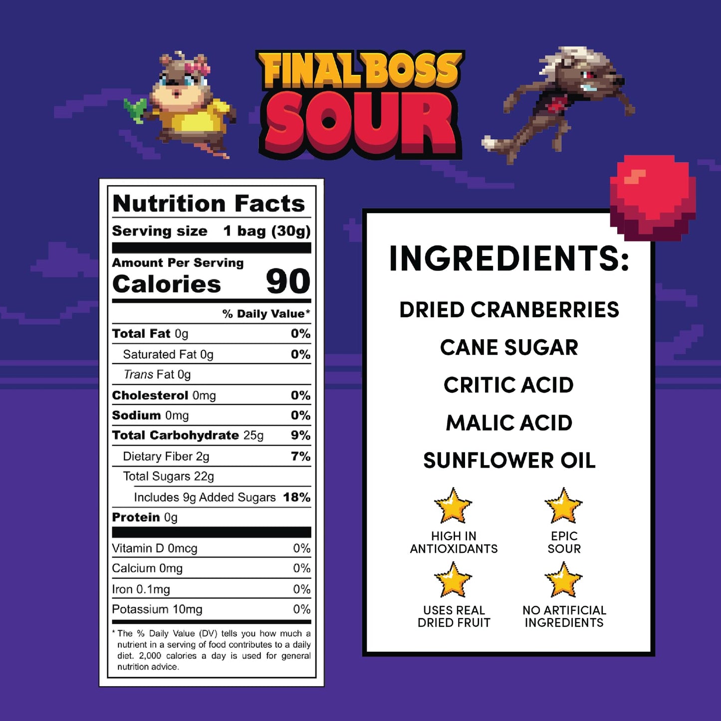 Final Boss Sour, Extremely Super Sour Gummy Candy, Cranberry, LvL 3, (1.06 Ounces Bags, 10 Bags) - Gummies Made with Dried Fruit, Free of Artificial Colors, Low Calorie Healthy Snack for Kids & Adults