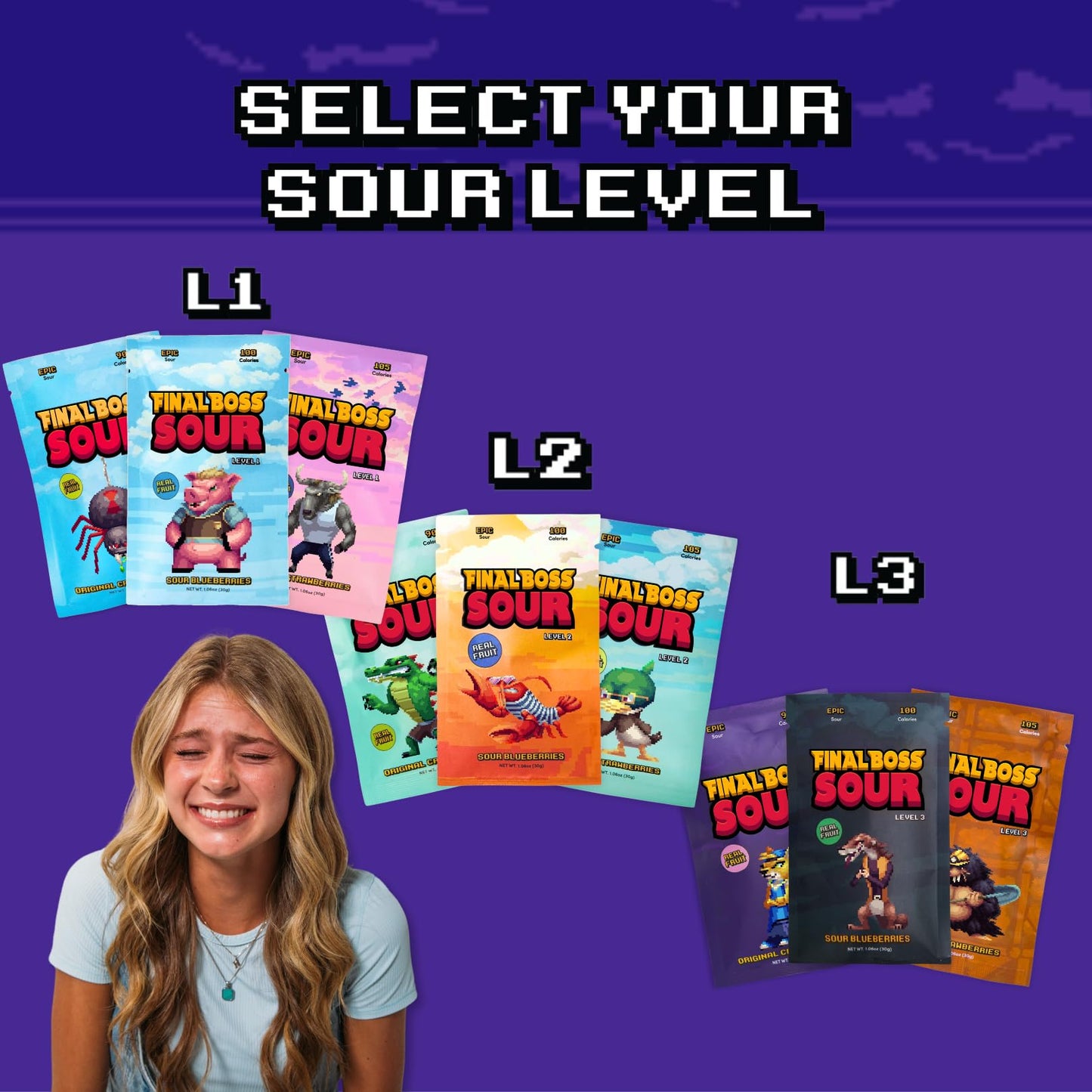 Final Boss Sour Candy Minipacks, Worlds Most Extreme Super Sour Snack Challenge, Free of Artificial Colors, Low Calorie Healthy Snack for Kids & Adults - 3 Pack (Level 3)
