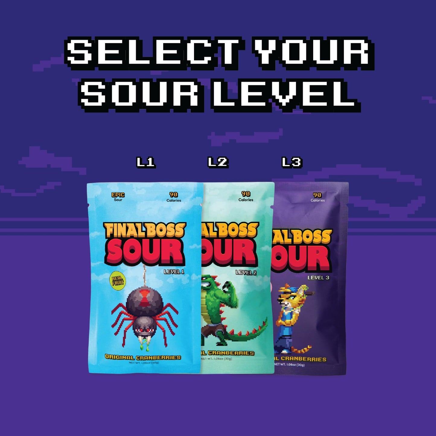 Final Boss Sour, Extremely Super Sour Gummy Candy, Cranberry, LvL 3, (1.06 Ounces Bags, 10 Bags) - Gummies Made with Dried Fruit, Free of Artificial Colors, Low Calorie Healthy Snack for Kids & Adults