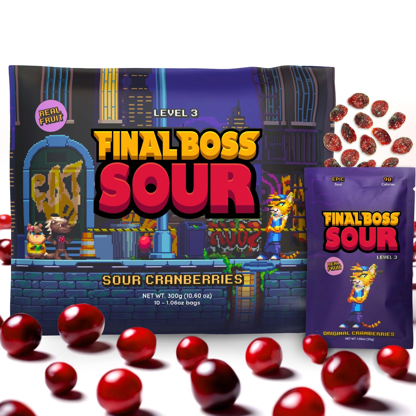 Final Boss Sour, Extremely Super Sour Gummy Candy, Cranberry, LvL 3, (1.06 Ounces Bags, 10 Bags) - Gummies Made with Dried Fruit, Free of Artificial Colors, Low Calorie Healthy Snack for Kids & Adults