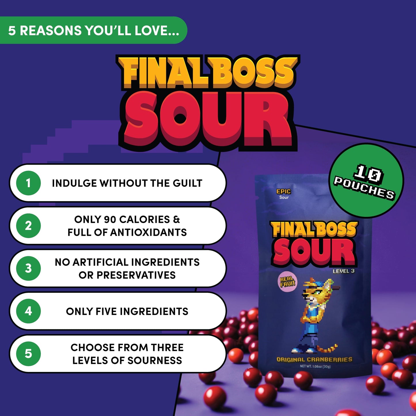 Final Boss Sour, Extremely Super Sour Gummy Candy, Cranberry, LvL 3, (1.06 Ounces Bags, 10 Bags) - Gummies Made with Dried Fruit, Free of Artificial Colors, Low Calorie Healthy Snack for Kids & Adults