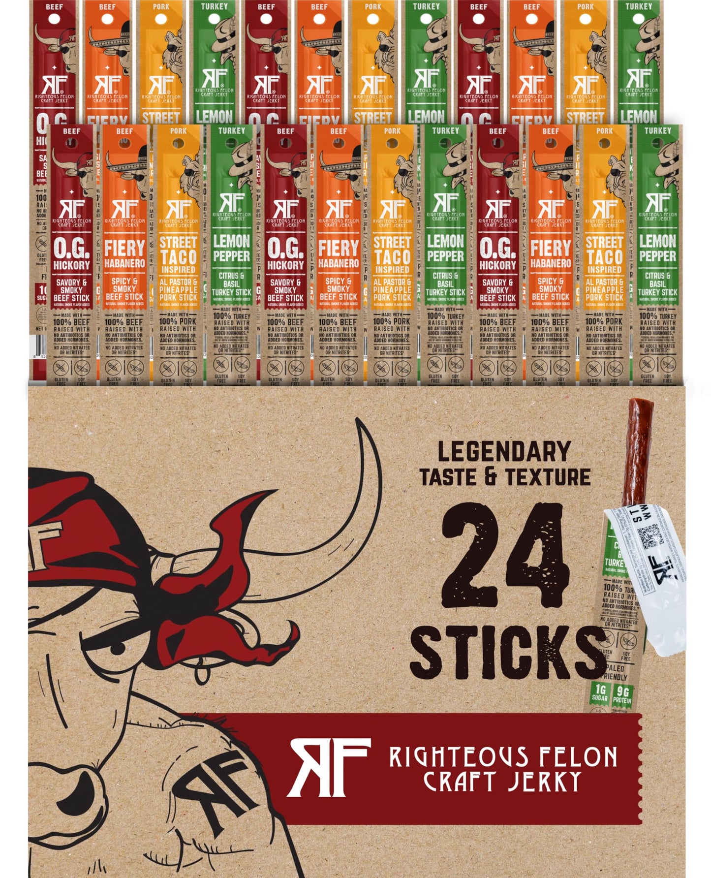 Righteous Felon Meat Sticks Variety Pack | Healthy Snack for Adults | Gluten Free & Keto Meat Sticks | Low Sugar & High Protein Meat Sticks | Turkey, Pork, Beef Sticks | Jerky Gifts for Men | 24 Pack