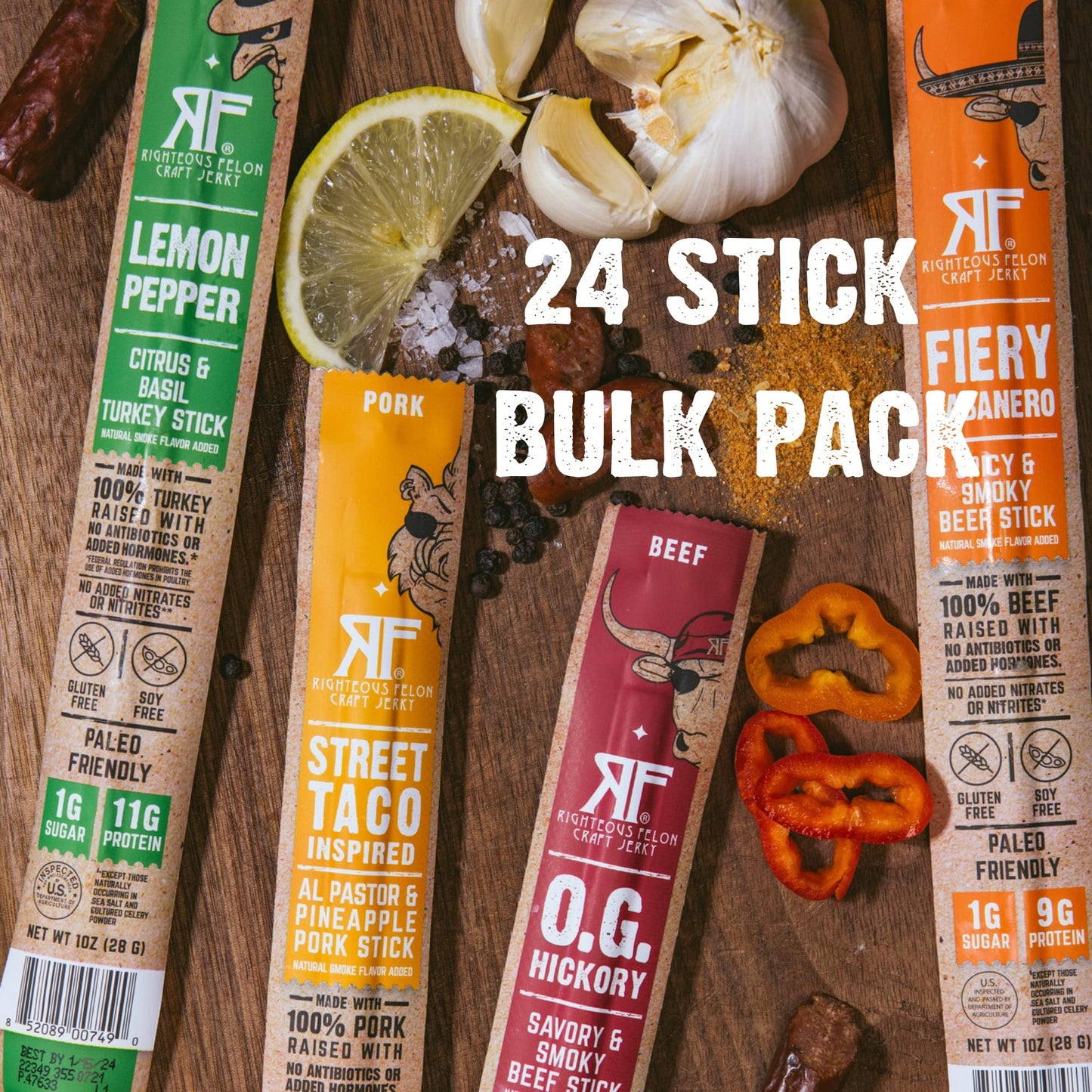 Righteous Felon Meat Sticks Variety Pack | Healthy Snack for Adults | Gluten Free & Keto Meat Sticks | Low Sugar & High Protein Meat Sticks | Turkey, Pork, Beef Sticks | Jerky Gifts for Men | 24 Pack