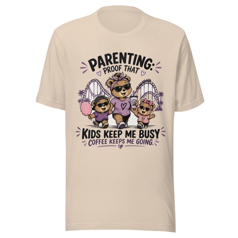 Parenting: Kids Keep Me Busy, Coffee Keeps Me Going T-Shirt — Soft Cream