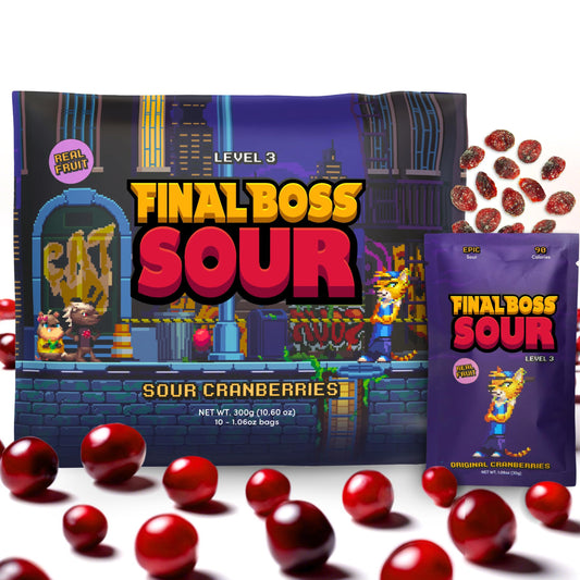 Final Boss Sour, Extremely Super Sour Gummy Candy, Cranberry, LvL 3, (1.06 Ounces Bags, 10 Bags) - Gummies Made with Dried Fruit, Free of Artificial Colors, Low Calorie Healthy Snack for Kids & Adults