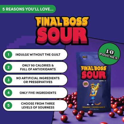 Final Boss Sour, Extremely Super Sour Gummy Candy, Cranberry, LvL 3, (1.06 Ounces Bags, 10 Bags) - Gummies Made with Dried Fruit, Free of Artificial Colors, Low Calorie Healthy Snack for Kids & Adults