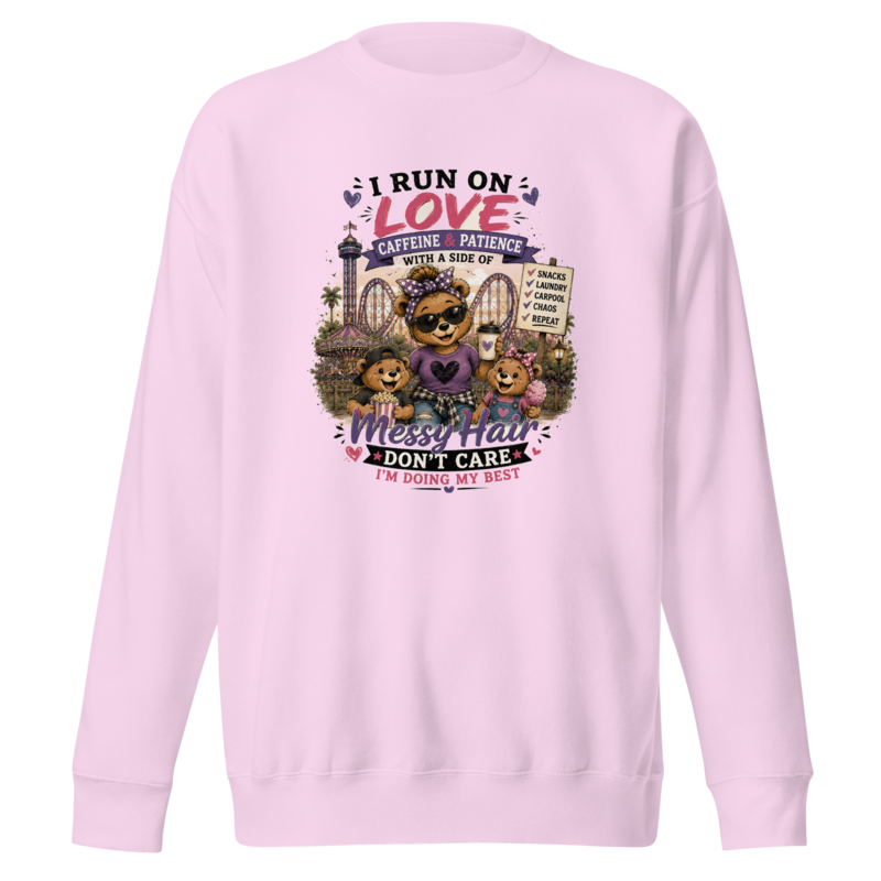 I Run on Love, Caffeine & Patience — Messy Hair, Don't Care Premium Sweatshirt