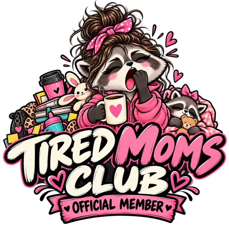 "Tired Moms Club" Raccoon — full design