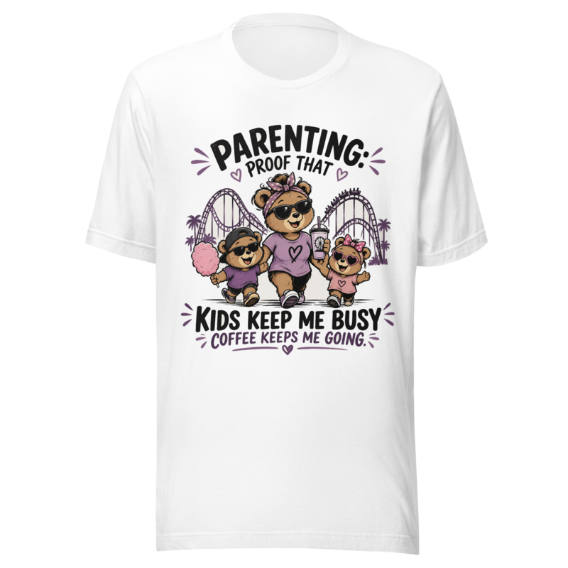 Parenting: Kids Keep Me Busy, Coffee Keeps Me Going T-Shirt — White