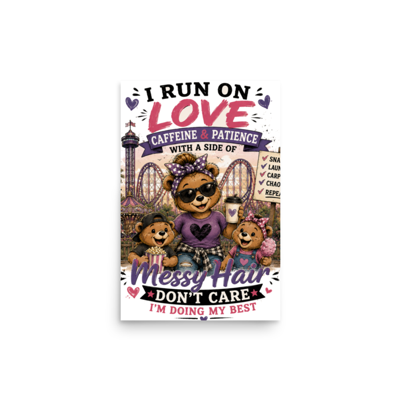 I Run on Love, Caffeine & Patience — Messy Hair, Don't Care Poster